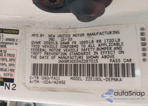 2004 Toyota Corolla Le z USA, uszkodzony, nr VIN 1NXBR32E54Z287015